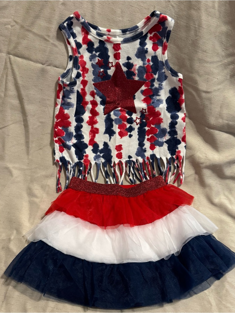 Girls Red White Blue Star Fringe Tank & Tulle Skirt -2T